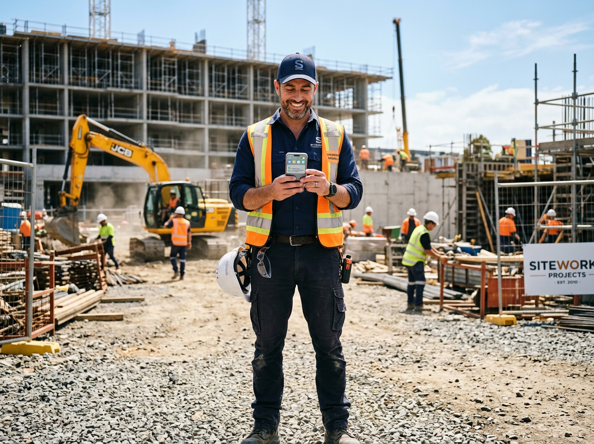 A happy business owner on an active job site with a phone full of pre-sold leads