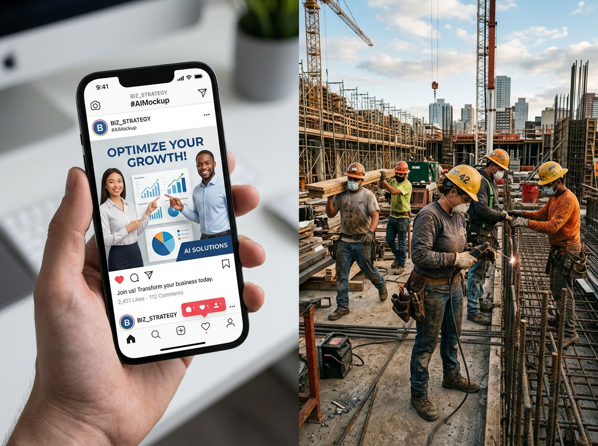 Comparison of a sterile robotic AI-generated post next to an authentic photo of a real hardworking crew