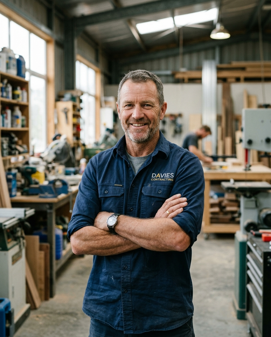 A confident local contractor business owner standing in his workshop